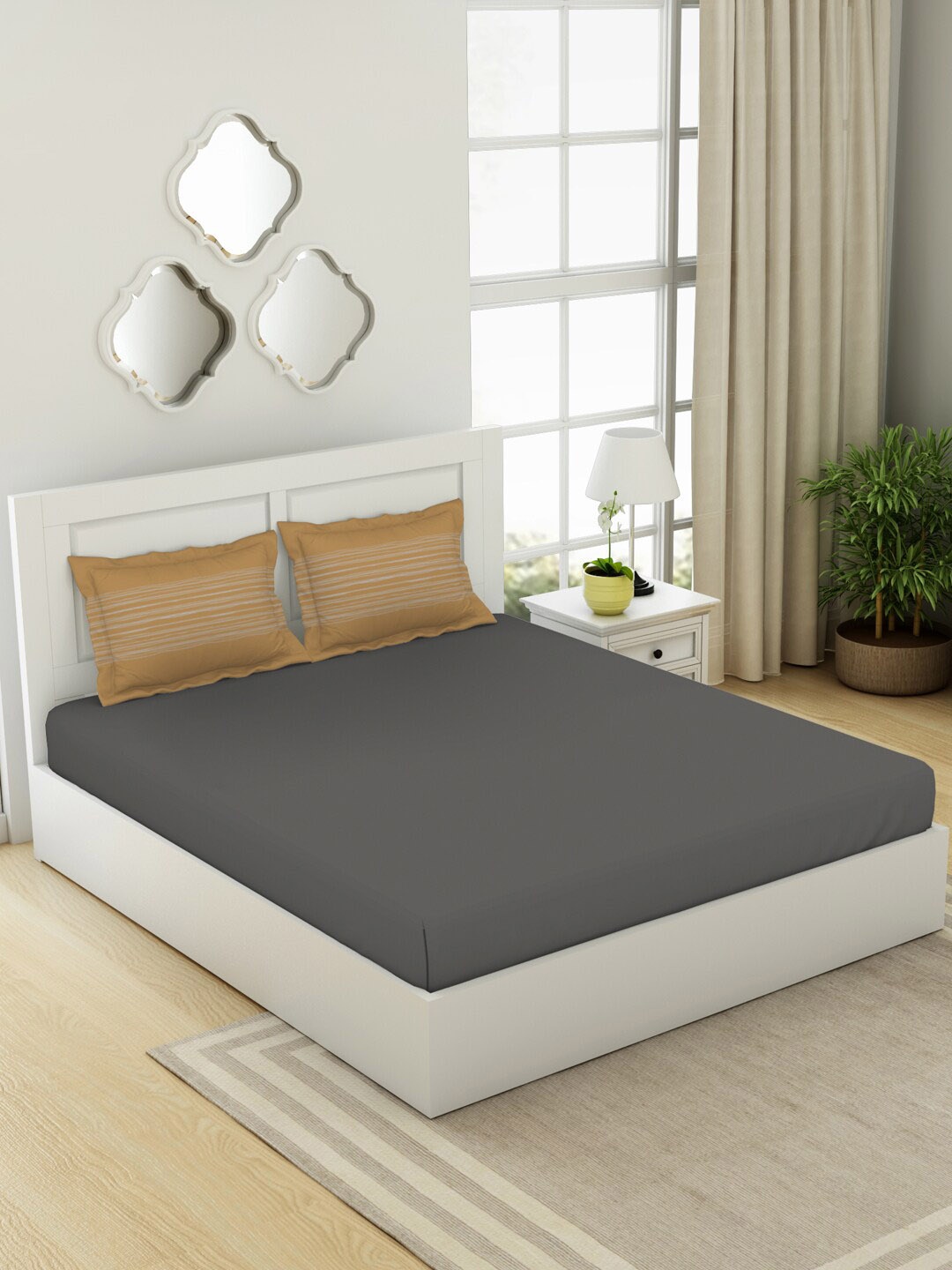 

SPACES Grey & Brown Striped 144 TC Cotton King Bedsheet with 2 Pillow Covers