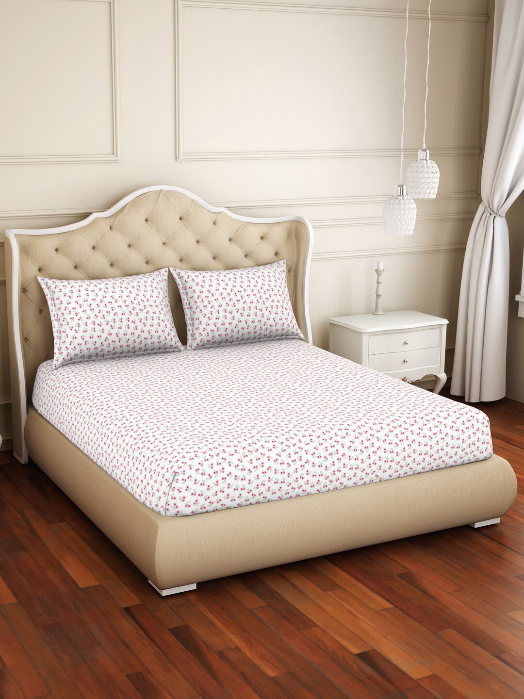 

SPACES Adonia Pink Floral Cotton 144 TC Anti Bacterial King Bedsheet & 2 Pillow Covers