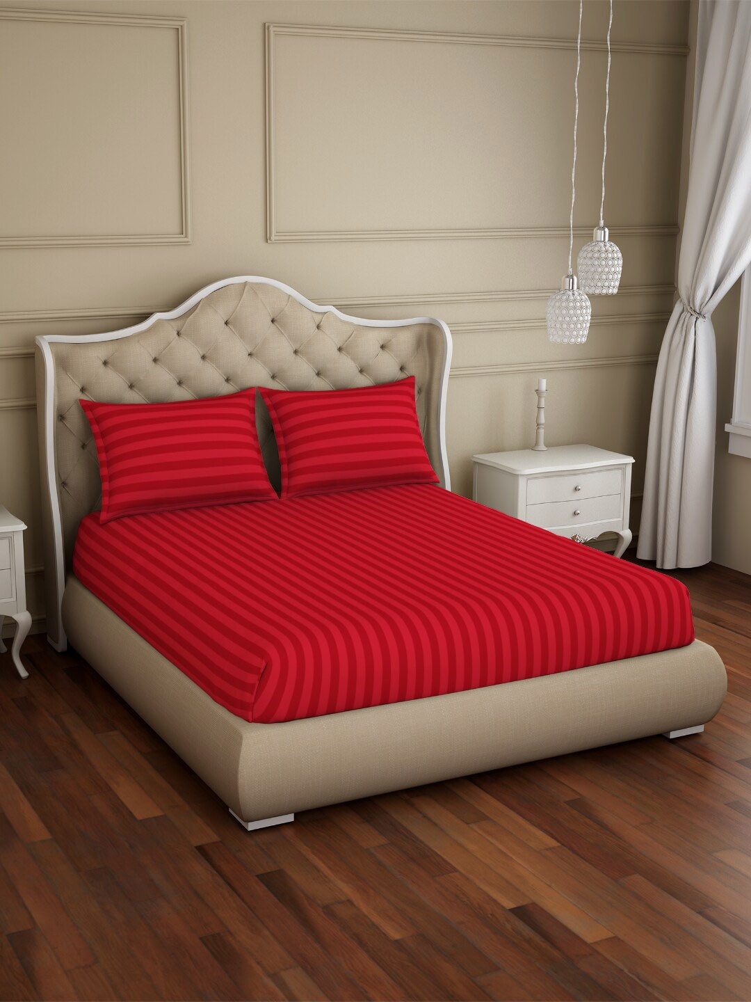 

SPACES Skyrise Red Striped Pure Cotton 210 TC Fitted King Bedsheet with 2 Pillow Covers
