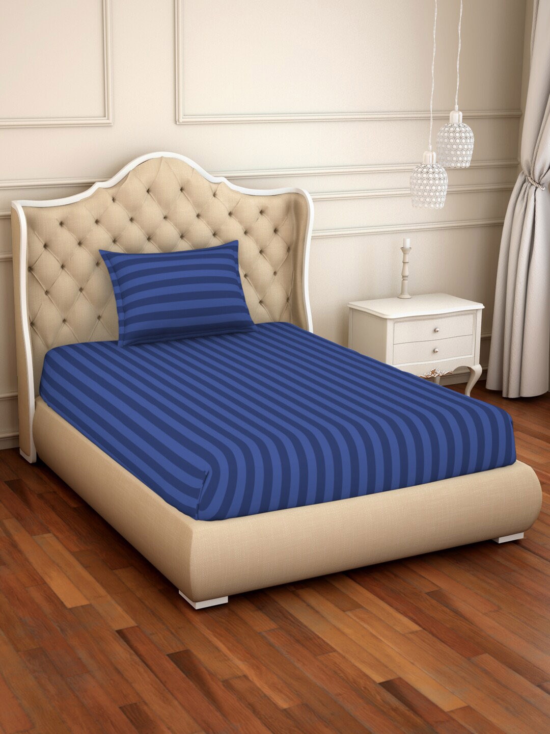 

SPACES Skyrise Navy Blue Striped 210 TC Single Pure Cotton Bedsheet & Pillow Cover