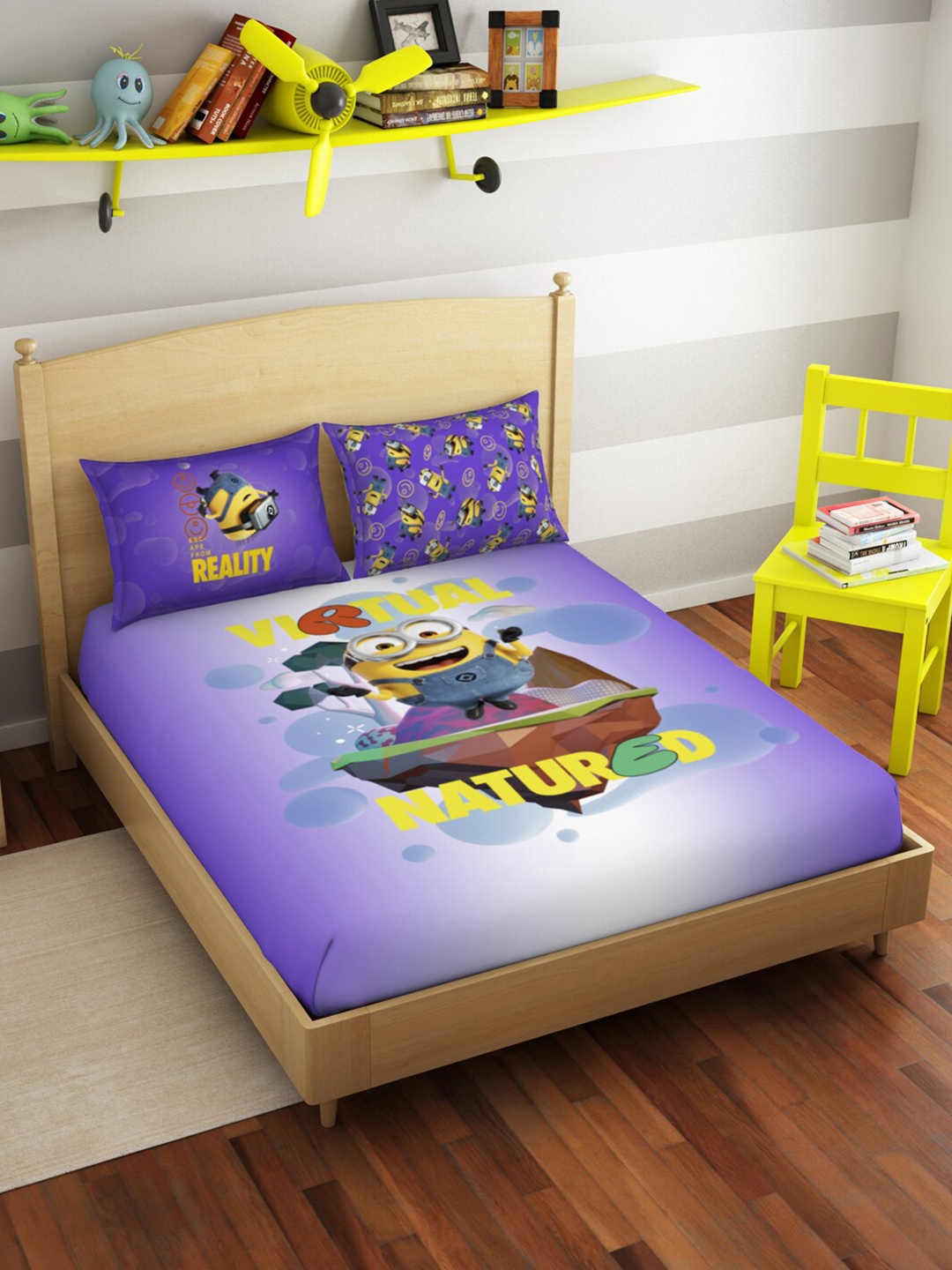 

SPACES Violet Cartoon Characters Cotton 180 TC King Bedsheet with 2 Pillow Covers