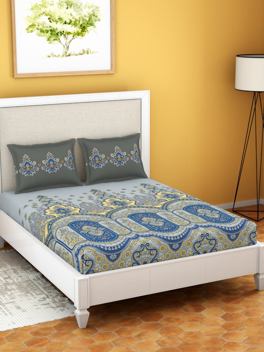 

SPACES Estaa Blue Floral Pure Cotton 144 TC King Bedsheet with Pillow Covers