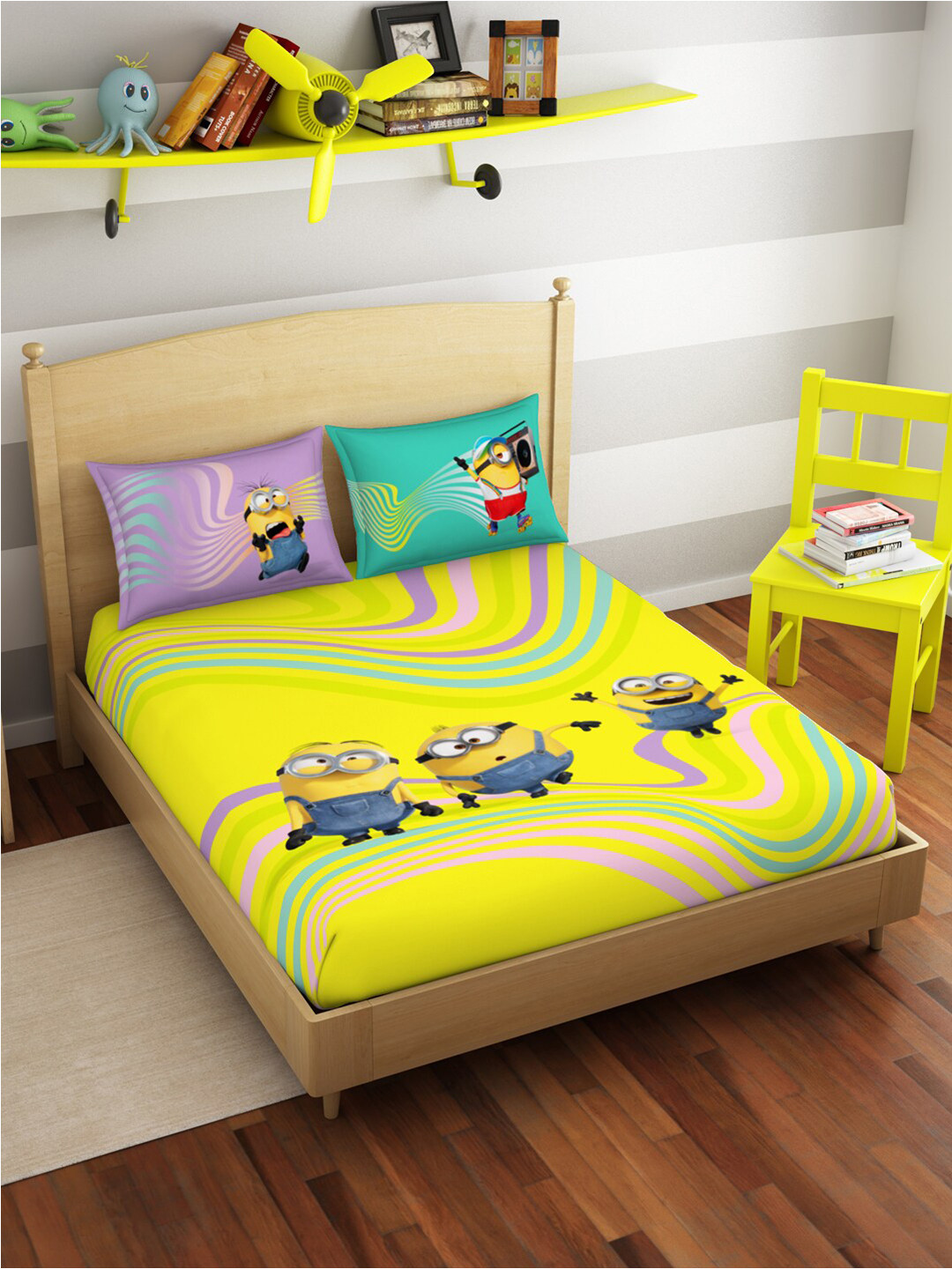 

SPACES Yellow Cartoon Characters Pure Cotton 180 TC King Bedsheet With 2 Pillow Covers