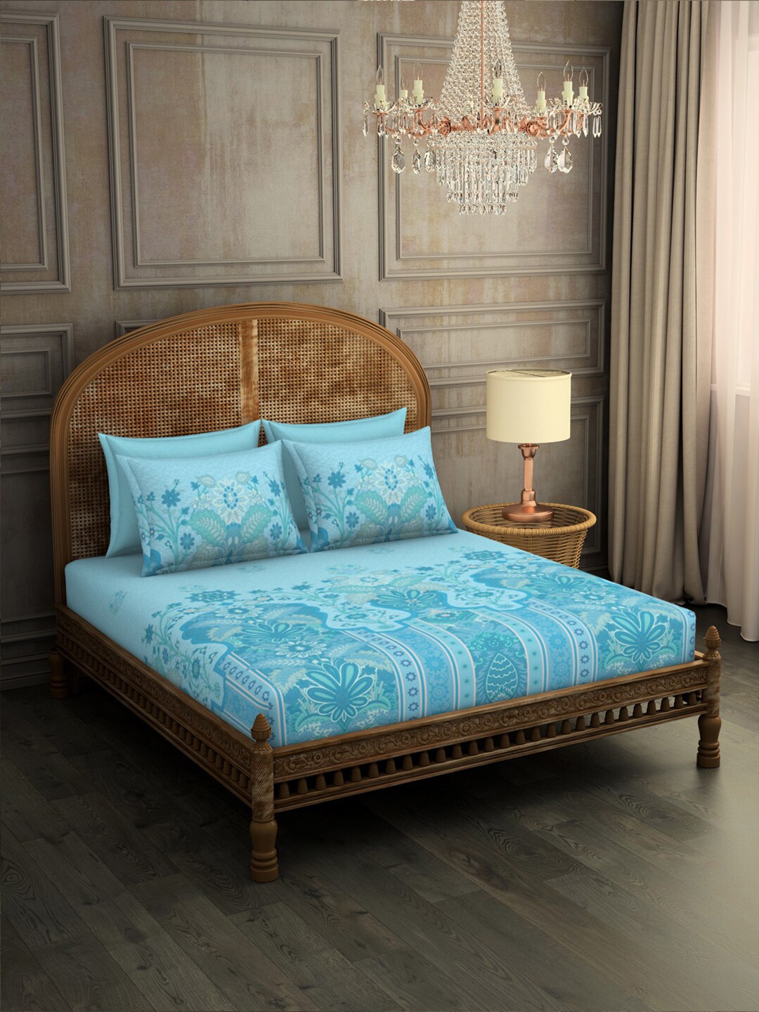 

SPACES Turkvilla Blue Floral Pure Cotton 300 TC King Bedsheet with 4 Pillow Covers