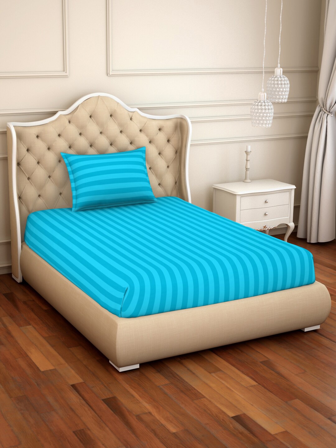 

SPACES Skyrise Blue Striped 210 TC Single Bedsheet with 1 Pillow Covers