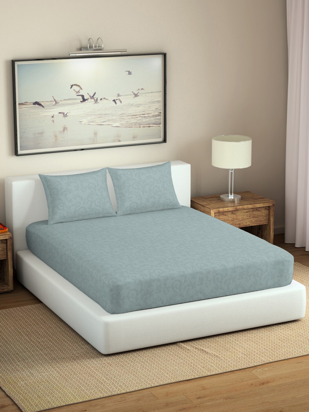 

SPACES Aurama Blue Floral Pure Cotton 300 TC King Bedsheet with 2 Pillow Covers