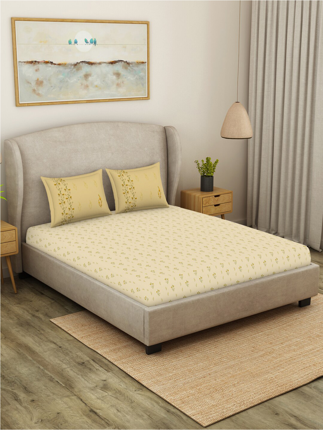 

SPACES Oshibana Yellow Floral Pure Cotton 140 TC King Bedsheet with 2 Pillow Covers