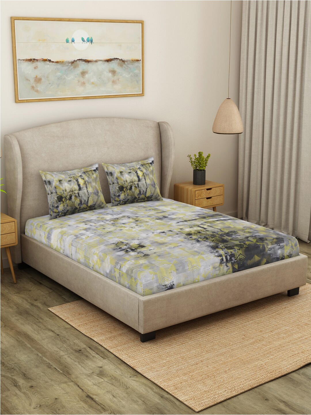 

SPACES Starry Night Grey Geometric Pure Cotton 140 TC King Bedsheet with 2 Pillow Covers