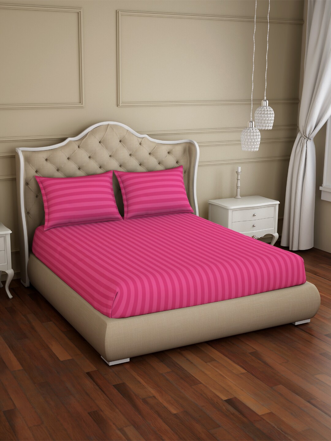 

SPACES skyrise Pink Striped 210 TC King Bedsheet with 2 Pillow Covers
