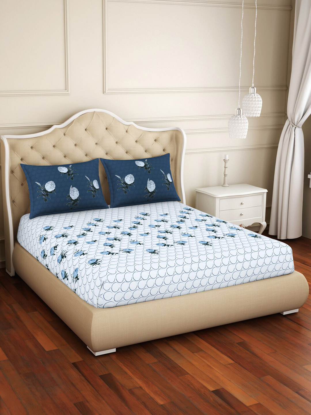 

SPACES Blue & White 3 Pieces Floral Cotton 144 TC King Bedsheet Set