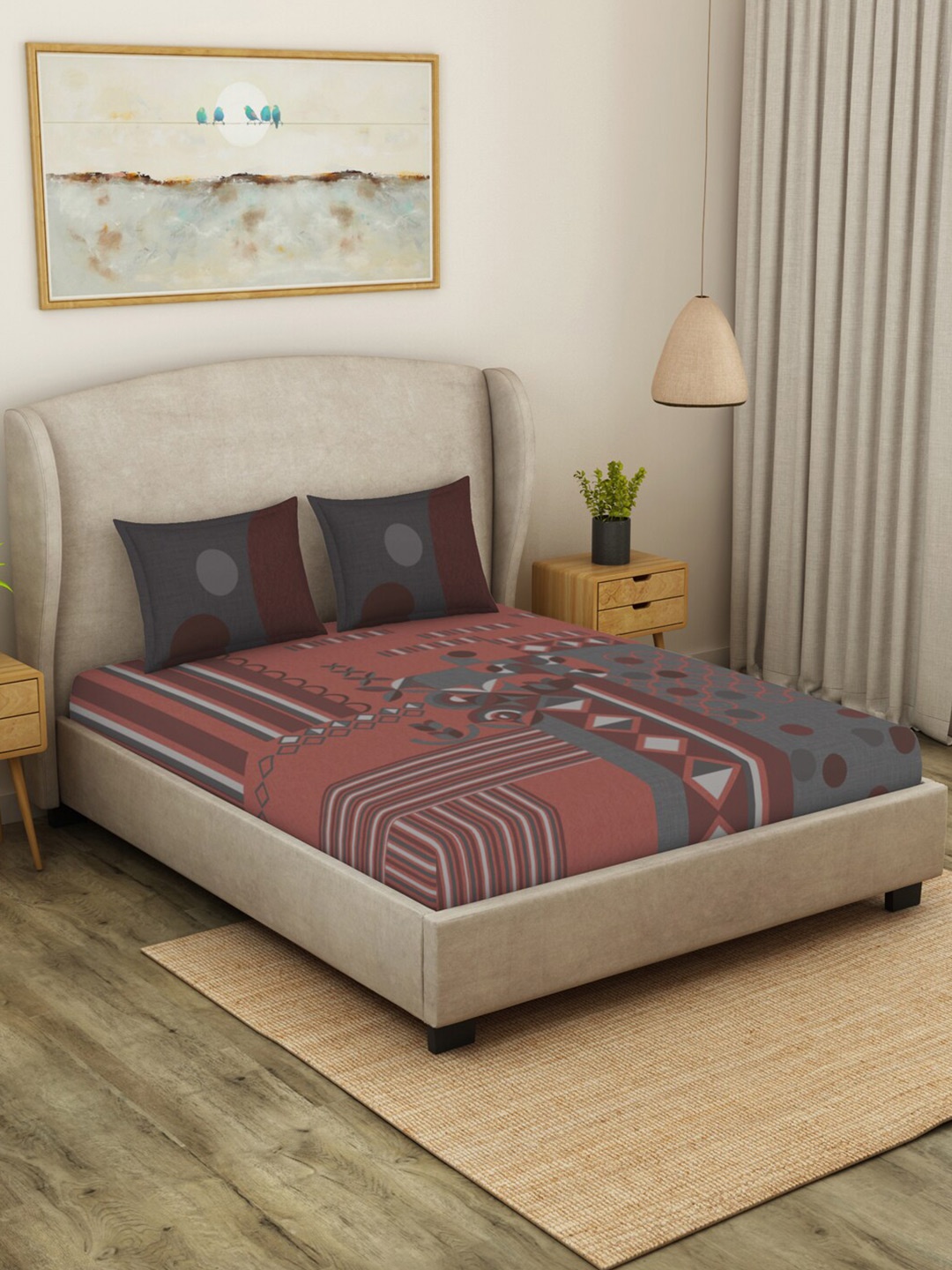 SPACES Canvas Maroon & Grey Geometric Cotton 140 TC King Bedsheet with 2 Pillow Covers