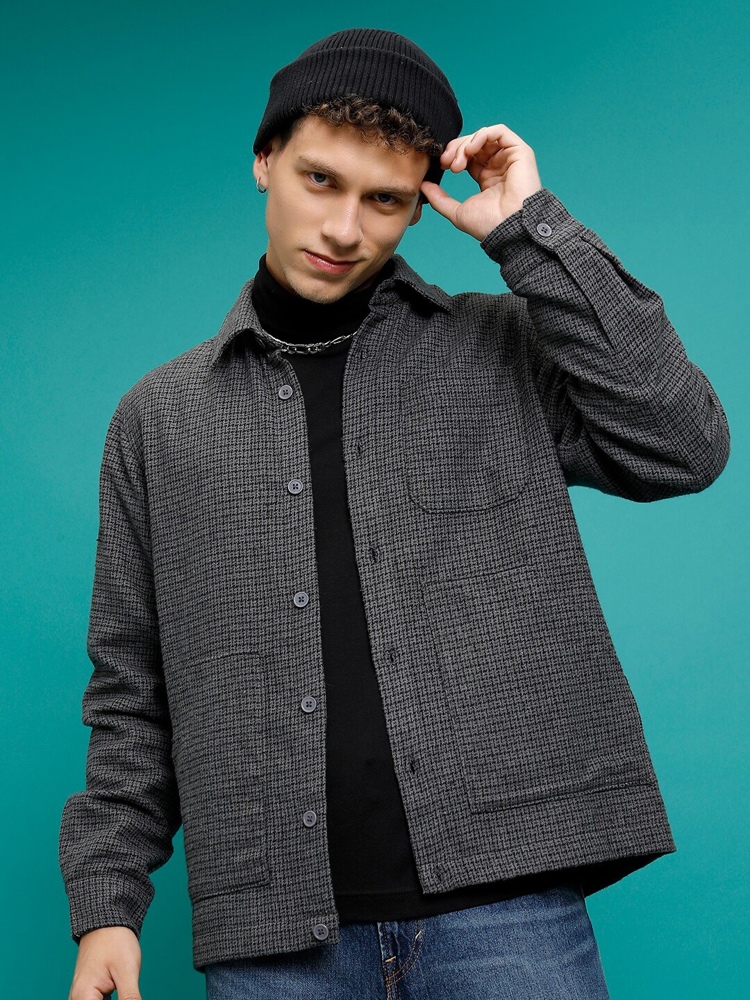 

HIGHLANDER Grey Relaxed Fit Geometric Printed Casual Shacket