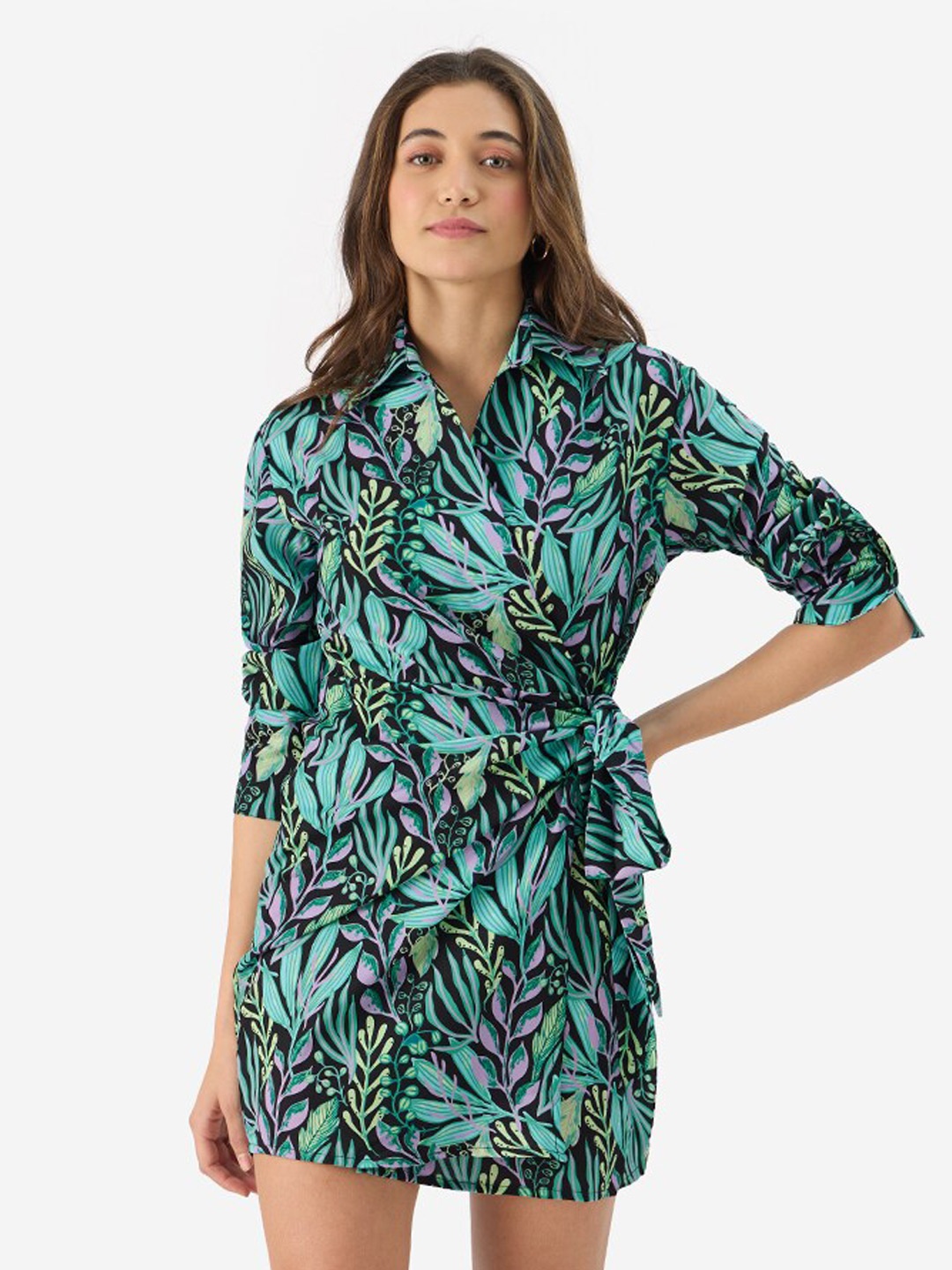 

The Souled Store Floral Printed Shirt Collar Wrap Dress, Black