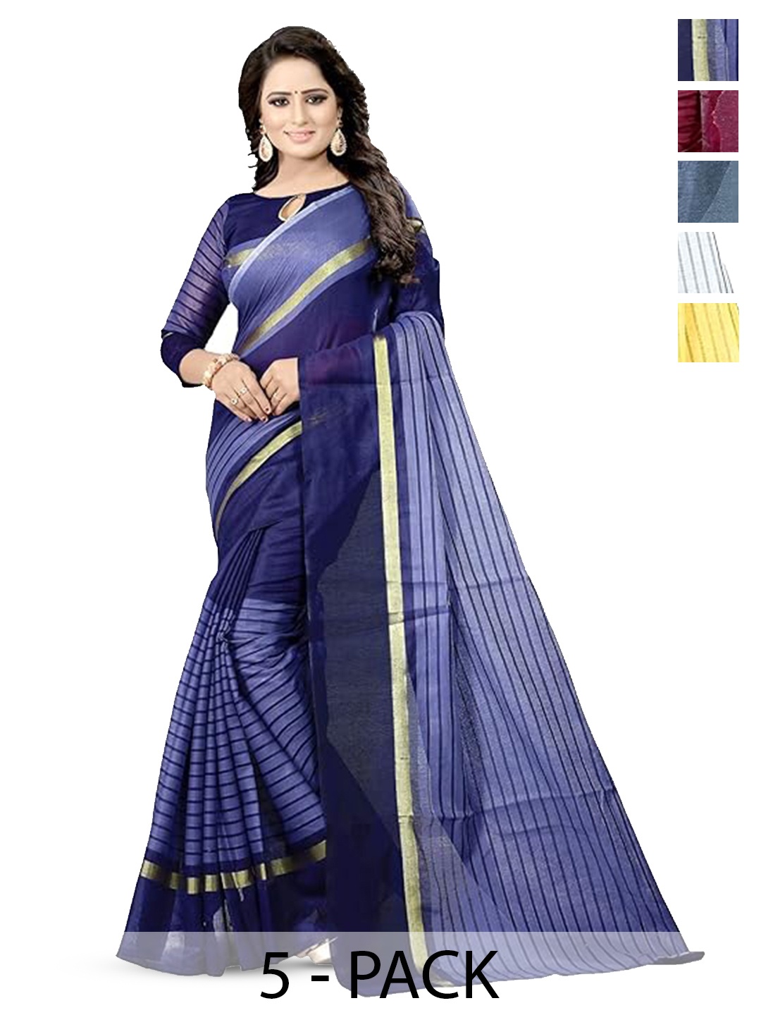 

SAADHVI Selection Of 5 Striped Cotton Saree, Blue