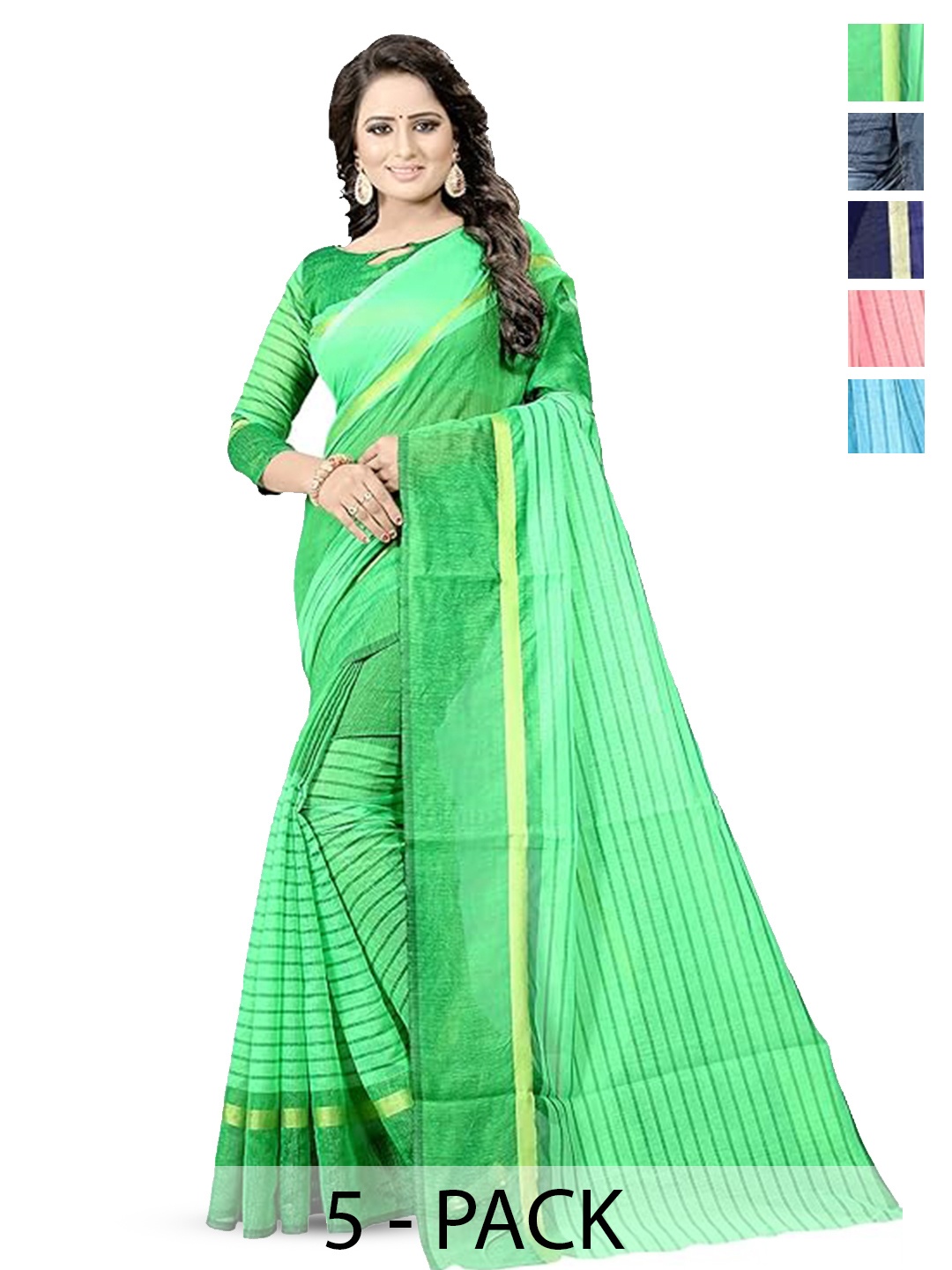 

SAADHVI Selection Of 5 Striped Cotton Saree, Green