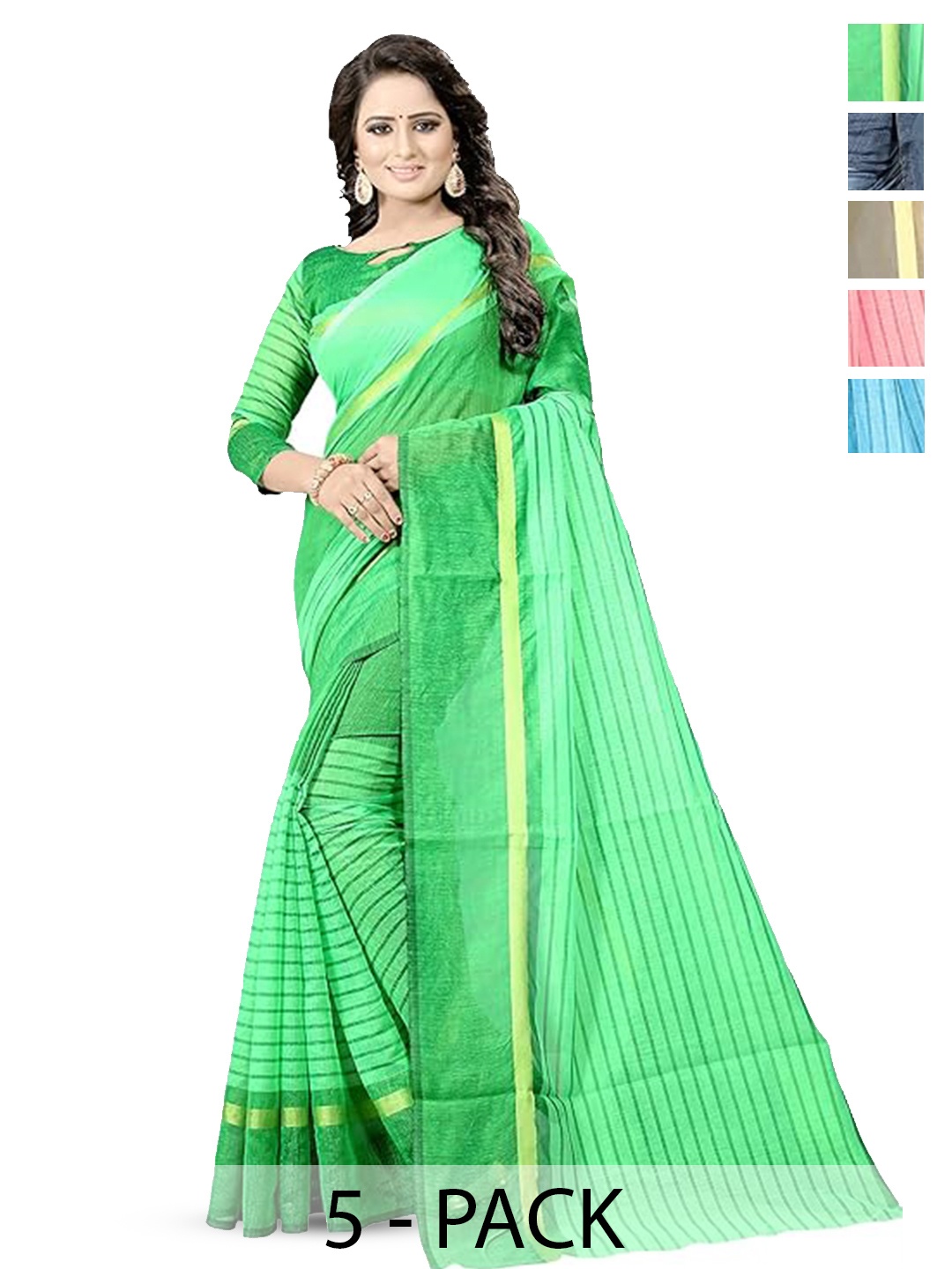 

SAADHVI Selection Of 5 Striped Silk Cotton Saree, Green