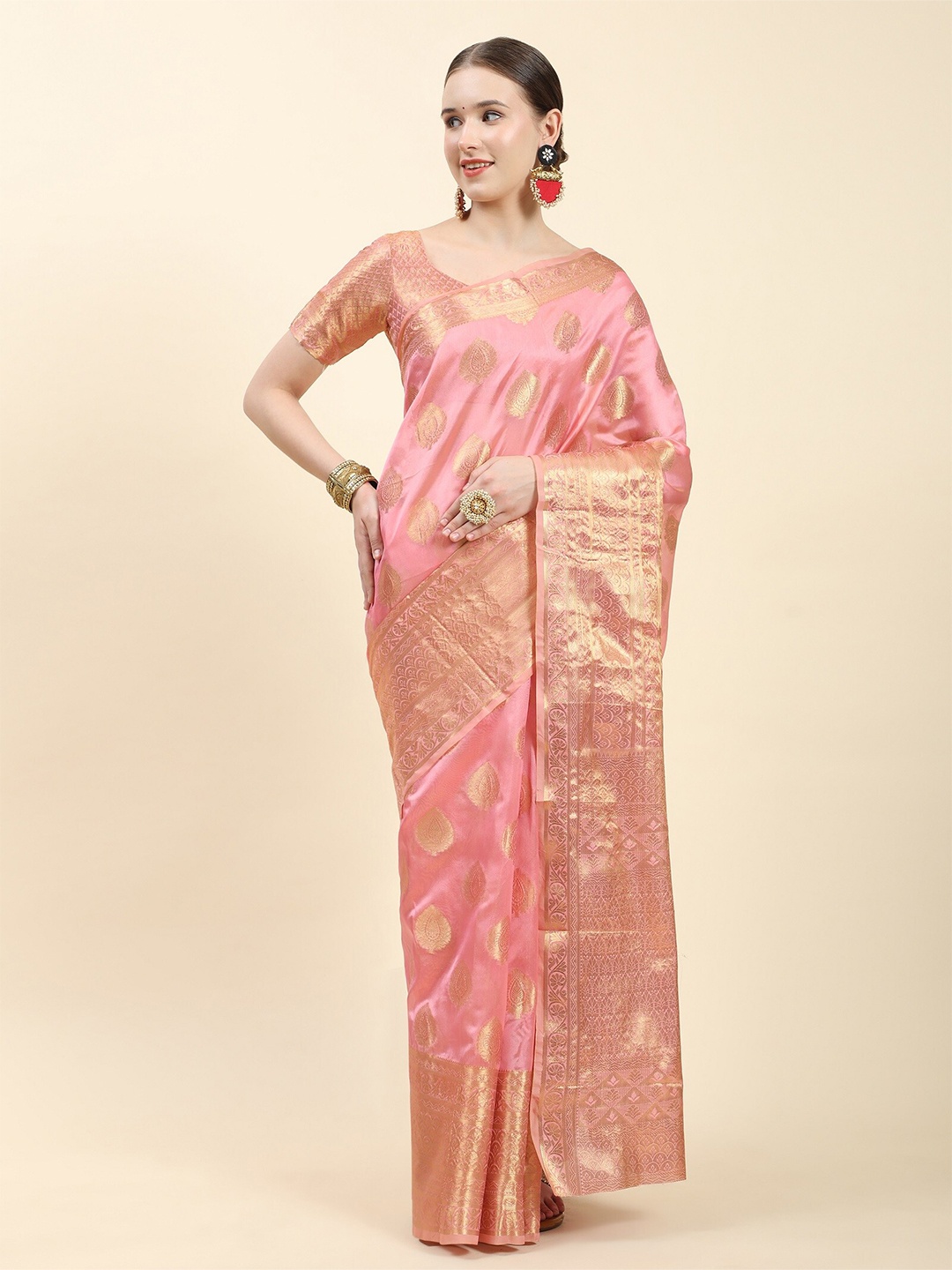 

NOISE Woven Design Zari Organza Heavy Work Banarasi Saree, Pink