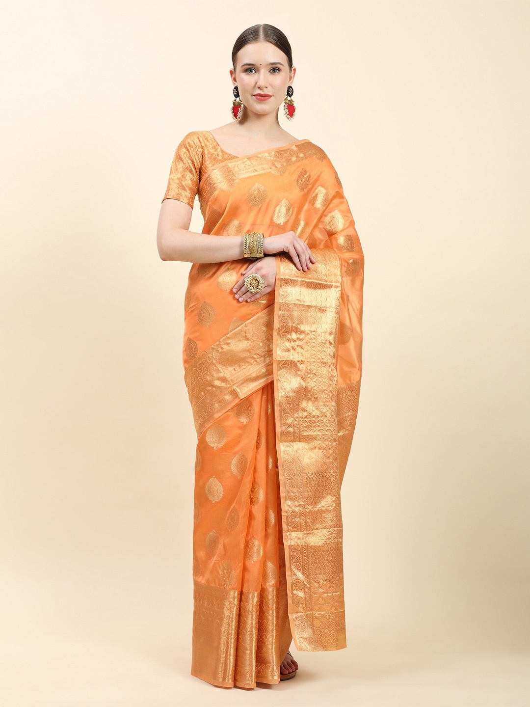 

NOISE Woven Design Zari Organza Heavy Work Banarasi Saree, Orange