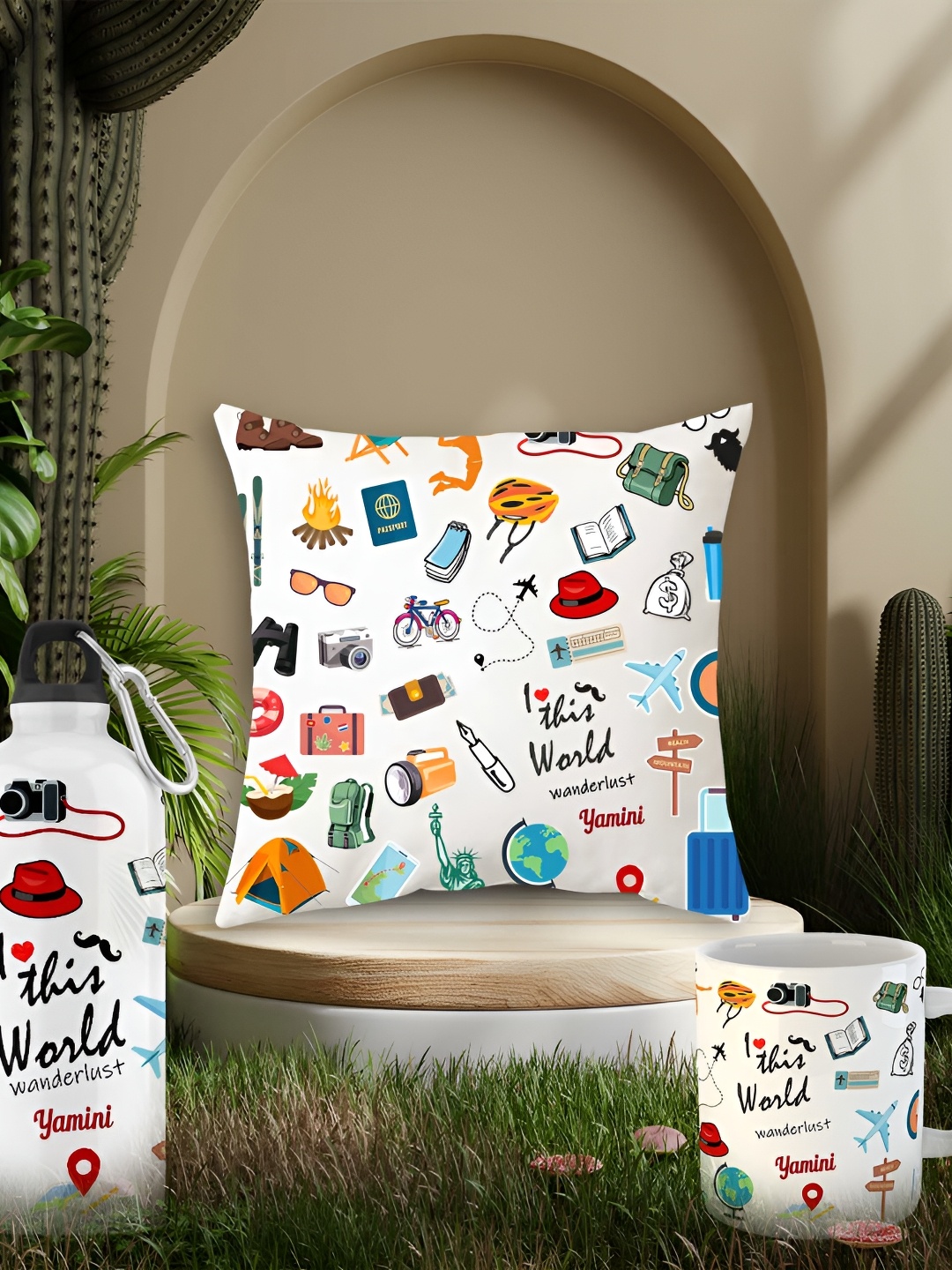 

ARTBUG White 3 Pieces Yamini Printed Cushion Cover With Coffee Mug & Water Bottle Gift Set