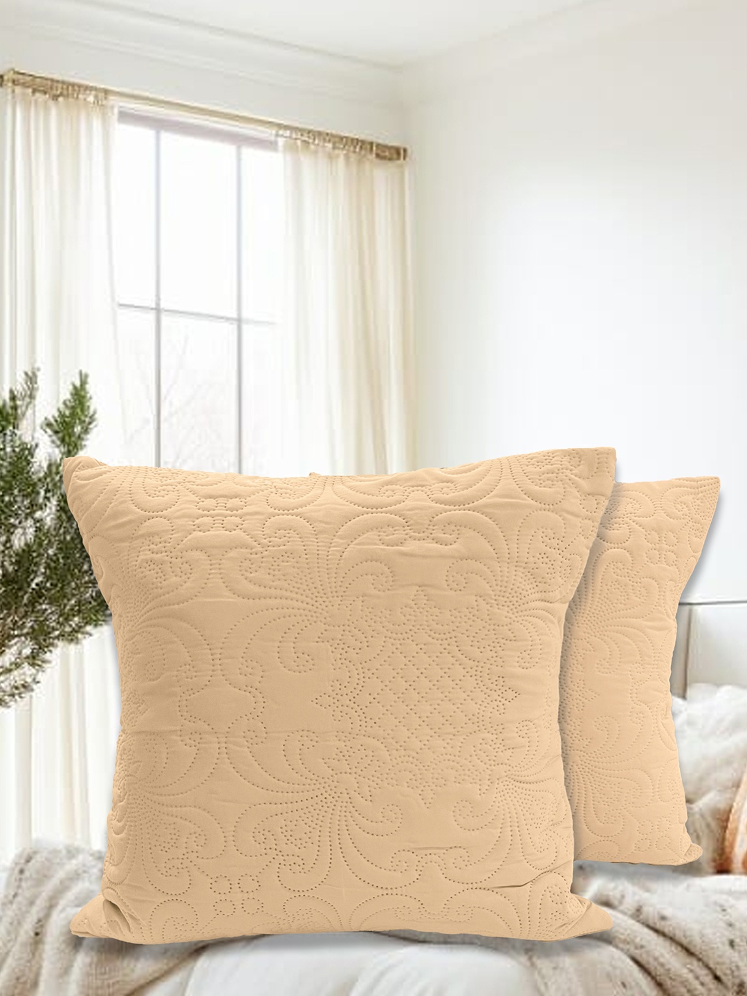 

LABHAM Beige 2 Pieces Floral Self Design Cotton Square Cushion Covers