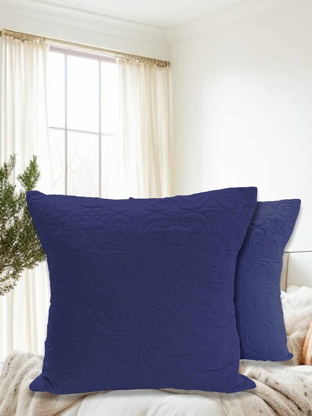 

LABHAM Navy Blue 2 Pieces Floral Self Design Cotton Square Cushion Covers