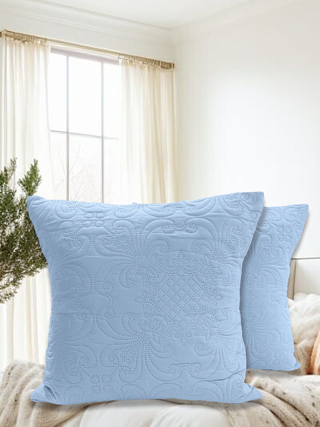 

LABHAM Blue 2 Pieces Floral Self Design Cotton Square Cushion Covers