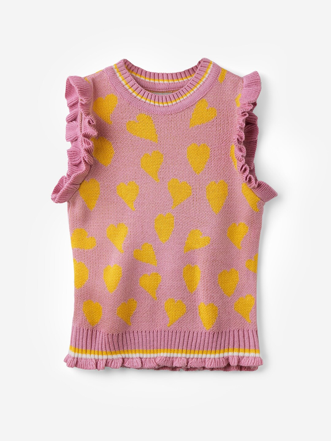 

The Souled Store Girls Pink & Yellow Conversational Printed Sweater Vest