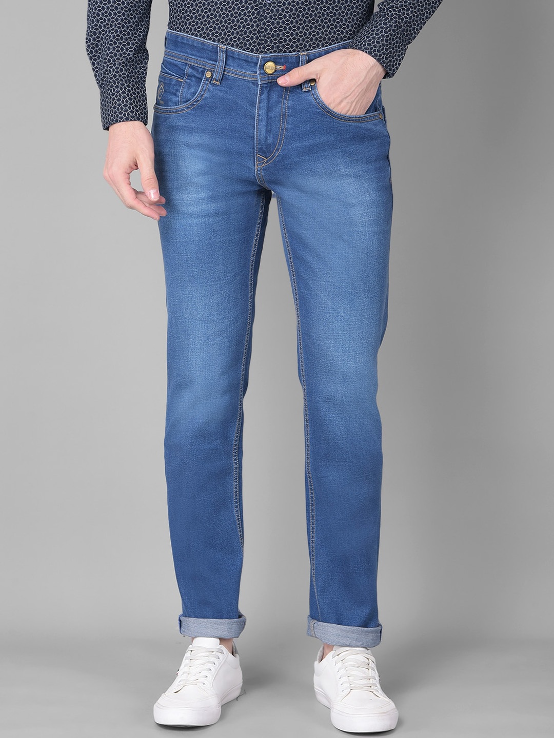 

Canary London Men Smart Slim Fit Low-Rise Light Fade Printed Stretchable Jeans, Blue