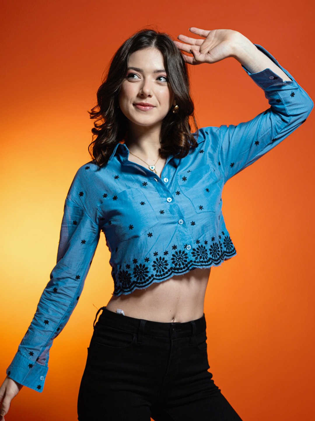 

Stylecast X Hersheinbox Floral Embroidered Crop Casual Shirt, Blue