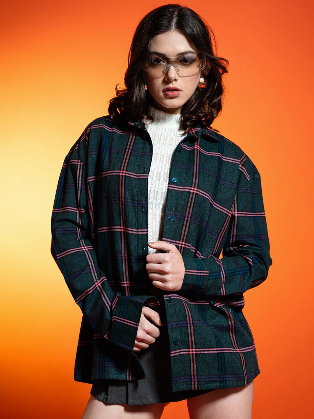 

Stylecast X Hersheinbox Greeb & Red Checked Pure Cotton Shirt Style Top, Green