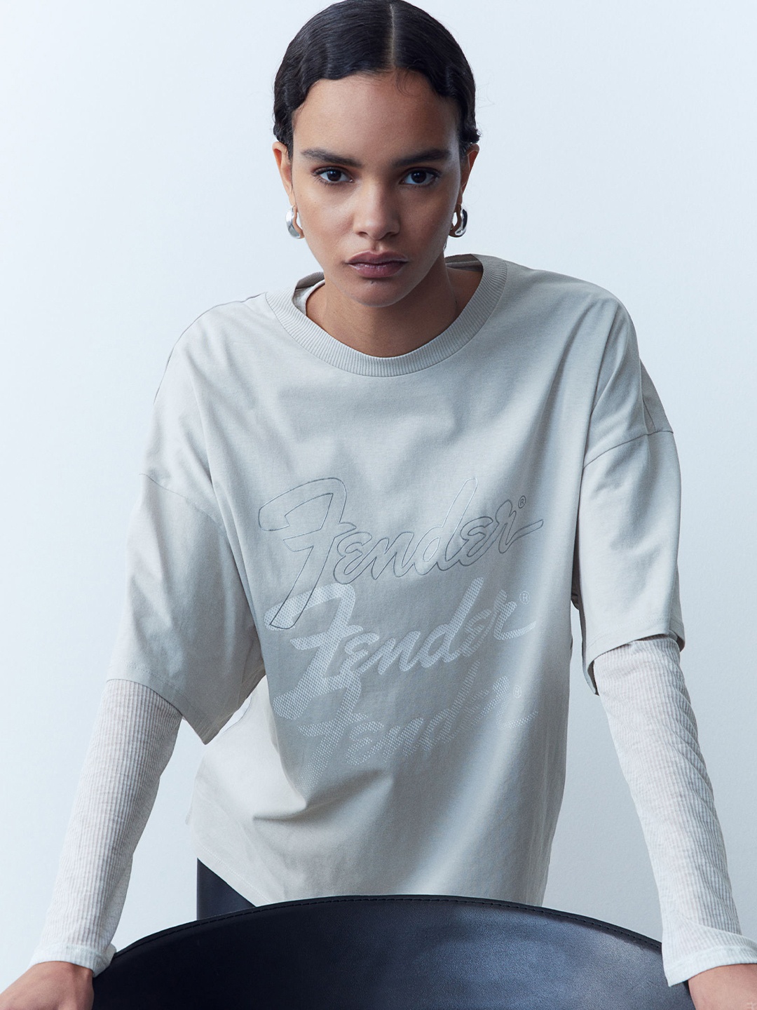 

H&M Pure Cotton Oversized Printed T-shirt, Grey