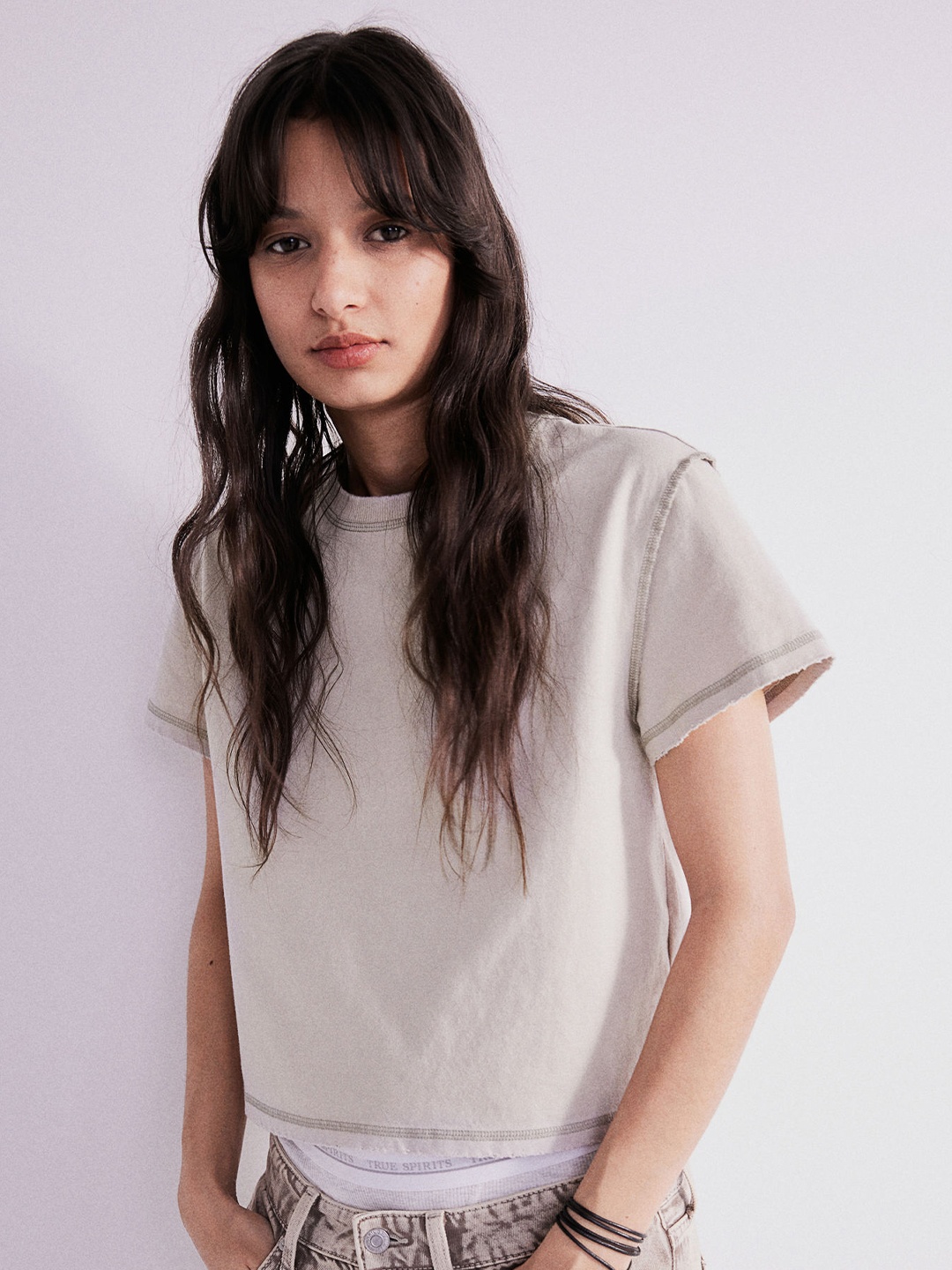 

H&M Pure Cotton Worn-Detail T-shirt, Beige