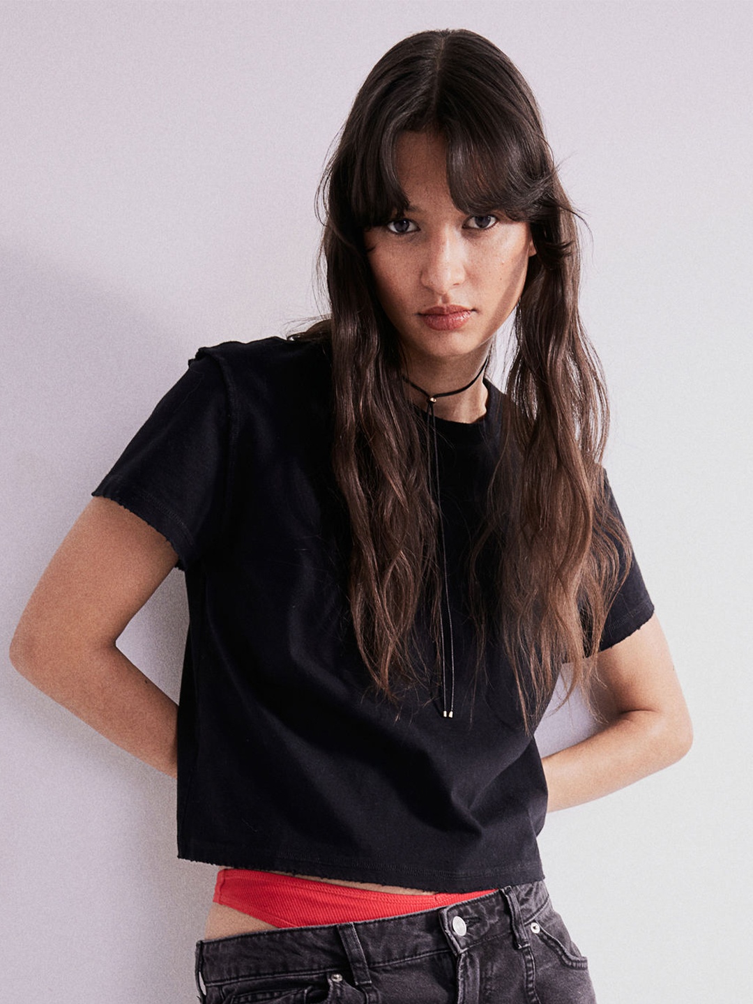 

H&M Pure Cotton Worn-Detail T-shirt, Black