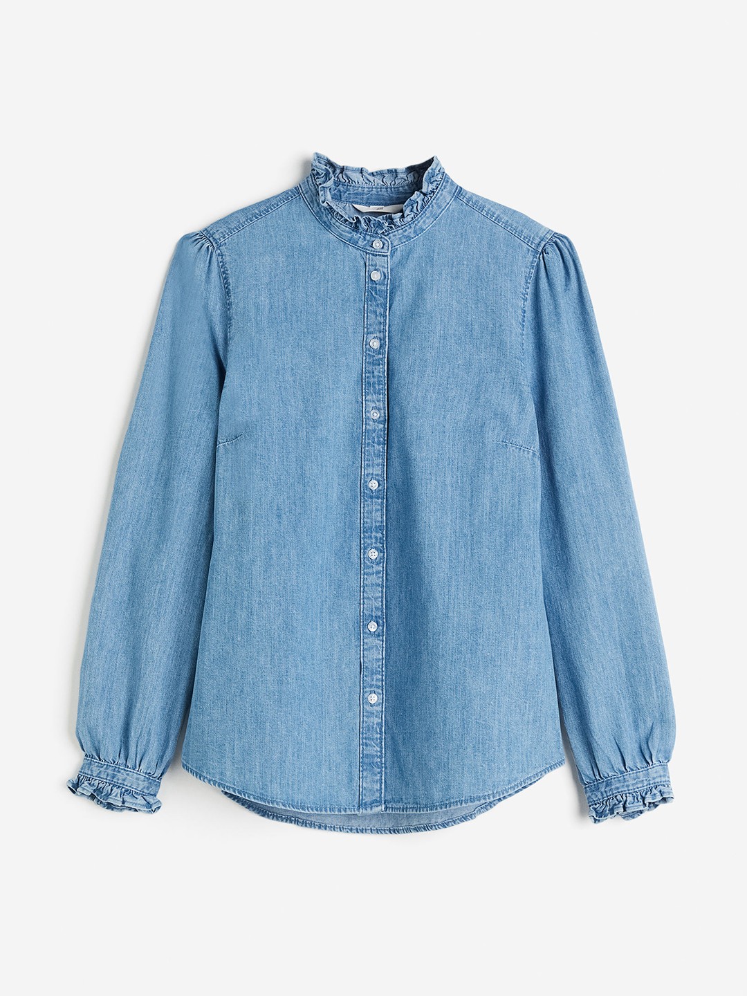 

H&M Women Pure Cotton Frill-Trimmed Denim Blouse, Blue