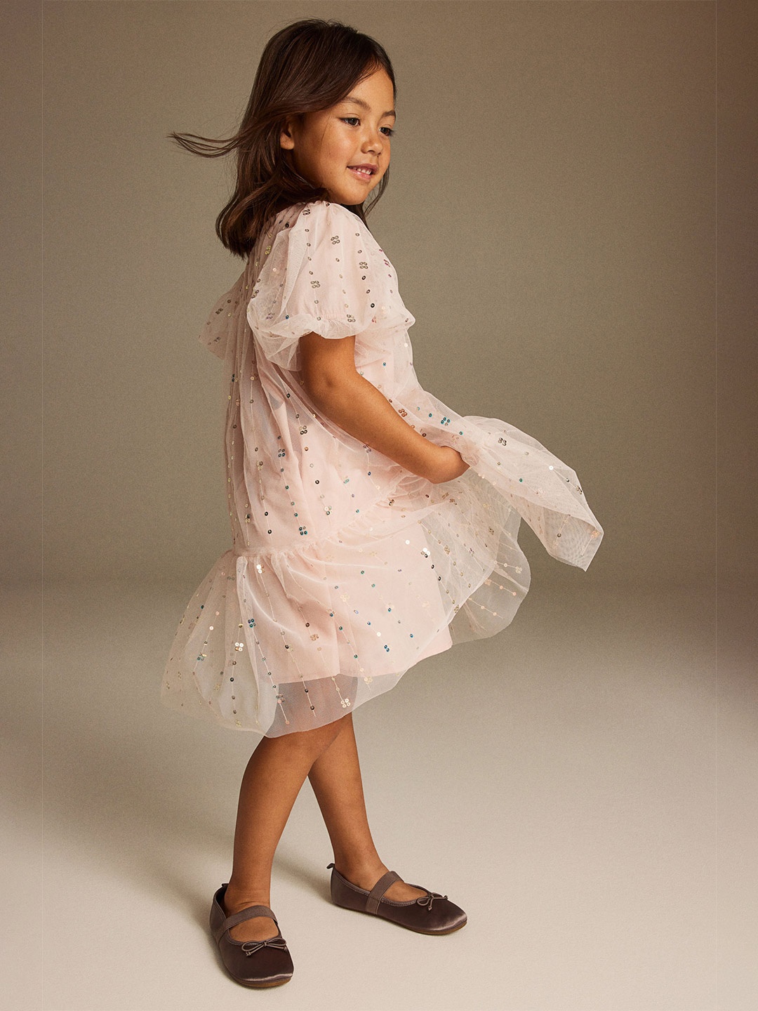 

H&M Girls Sequined Tulle Dress With Balloon Sleeves, Pink