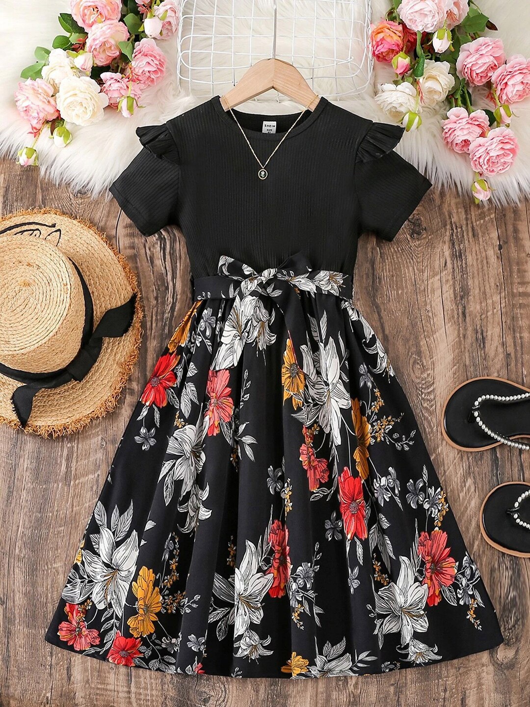 

BAESD Girls Floral Printed Ruffled Fit & Flare Dress, Black