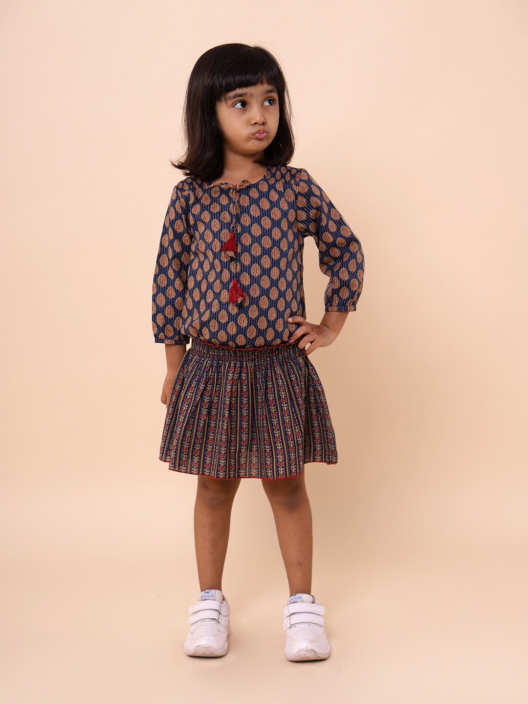 

Sangria Girls Ethnic Motifs Printed Pure Cotton Fit & Flare Dress, Blue