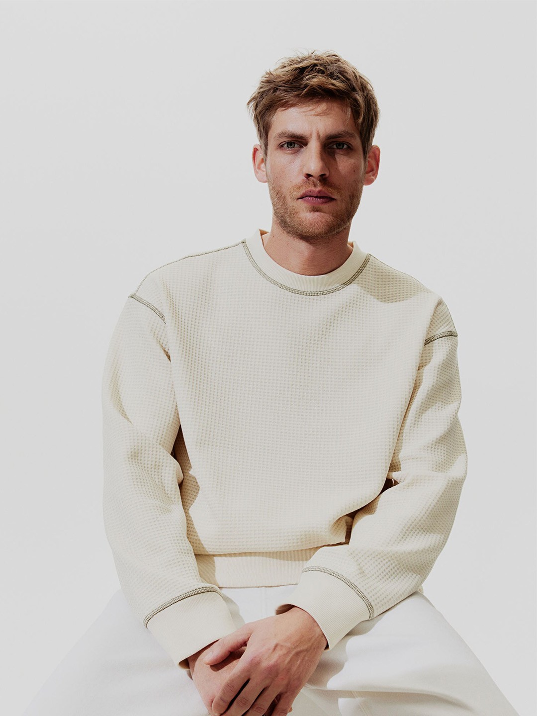 

H&M Loose Fit Waffled Sweatshirt, Beige