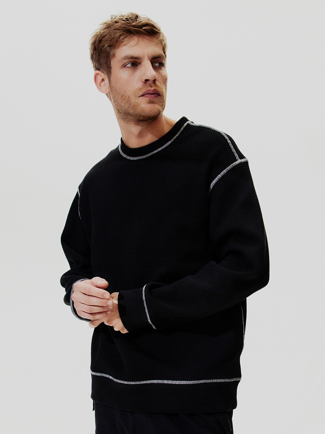 

H&M Loose Fit Waffled Sweatshirt, Black