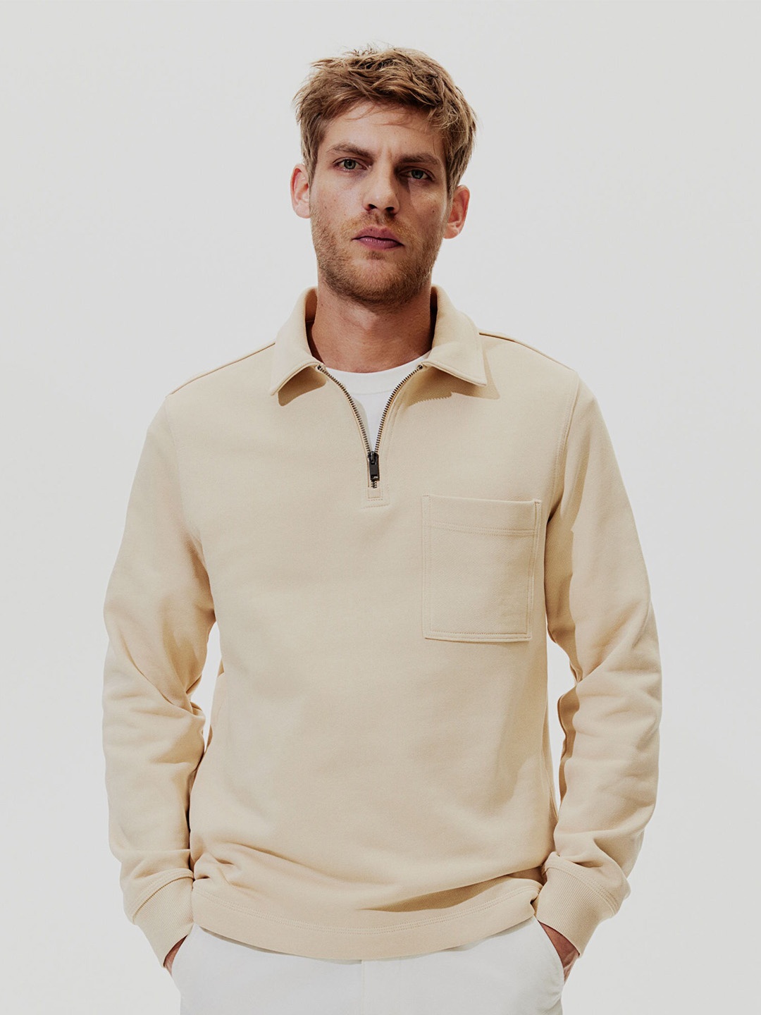 

H&M Regular Fit Pure Cotton Polo Shirt Collar Sweatshirts, Beige