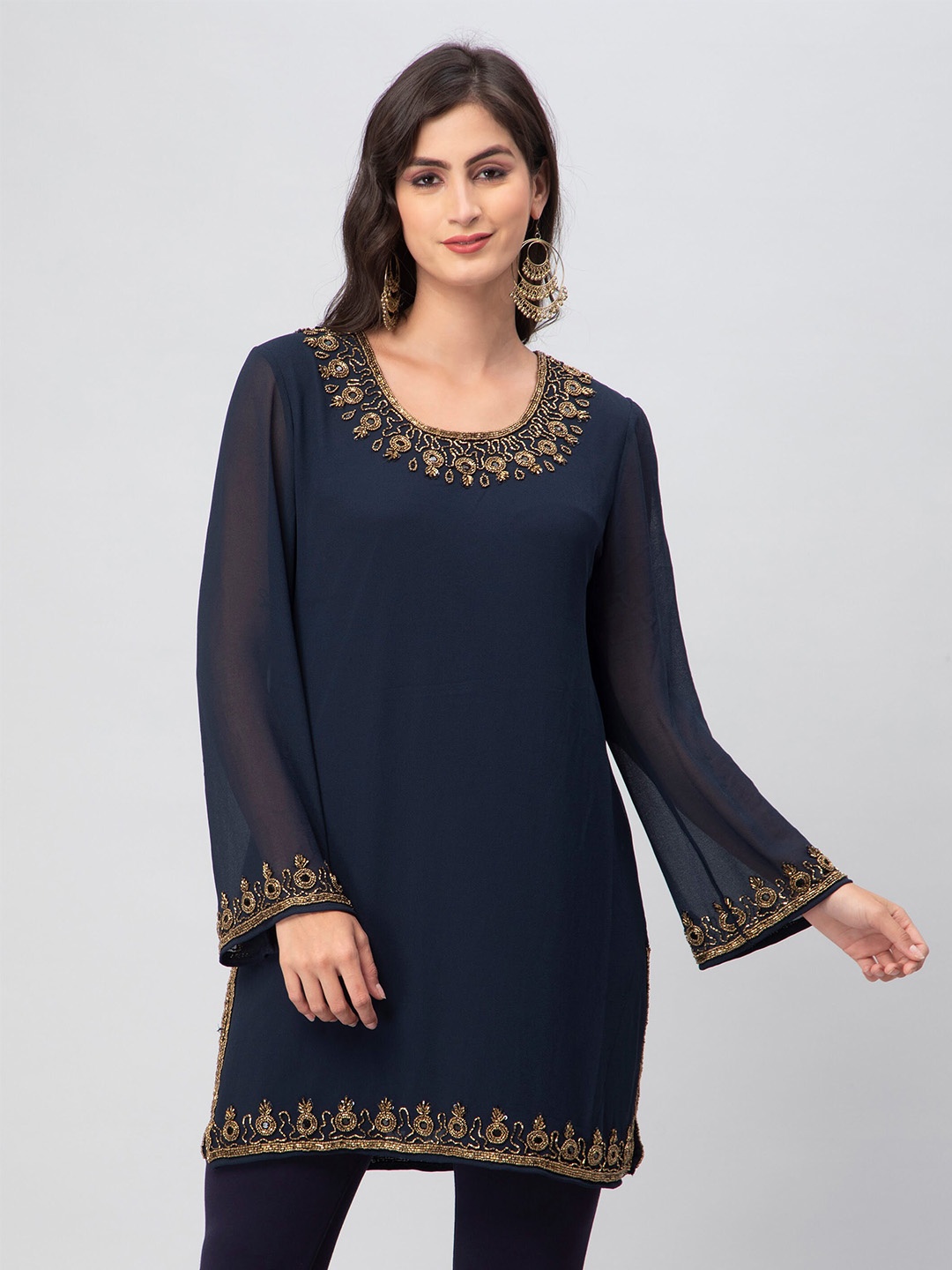

DEBONATELLA EmbellishedRound Neck Pure Georgette Kurti, Navy blue