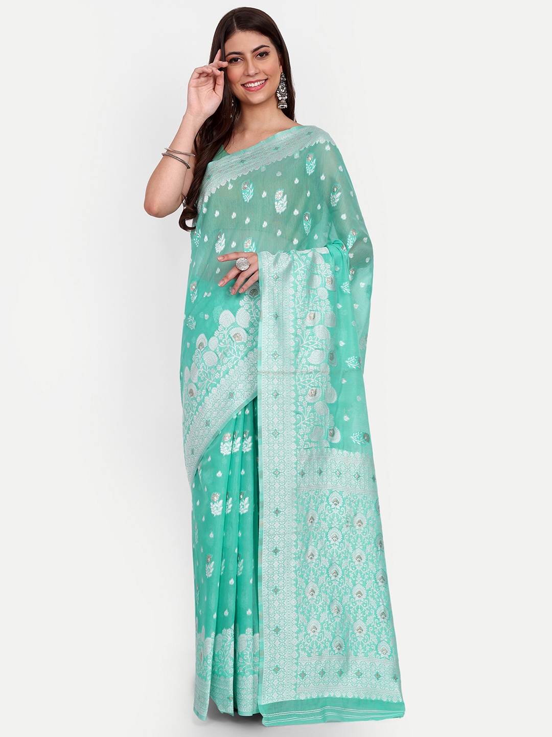 

Jinal & Jinal Ethnic Motifs Woven Design Chanderi Saree, Turquoise blue
