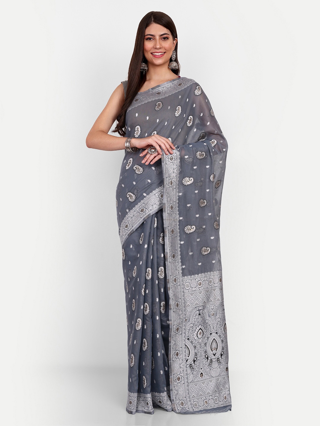 

Jinal & Jinal Ethnic Motifs Woven Design Chanderi Saree, Grey
