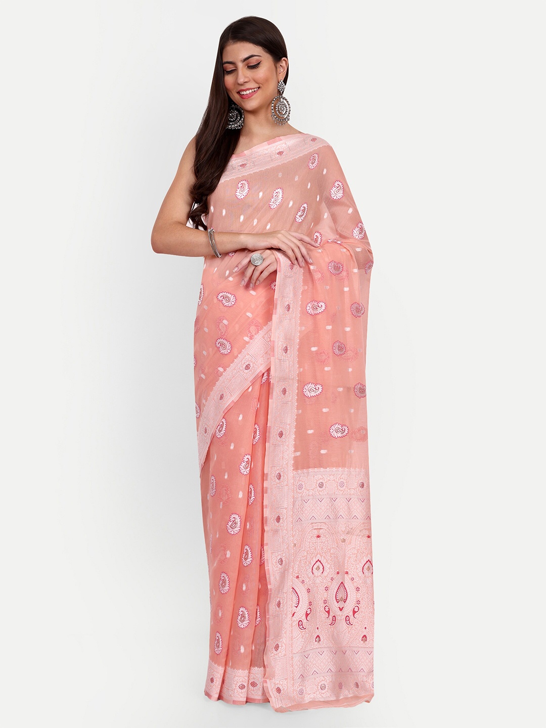 

Jinal & Jinal Ethnic Motifs Woven Design Chanderi Saree, Peach