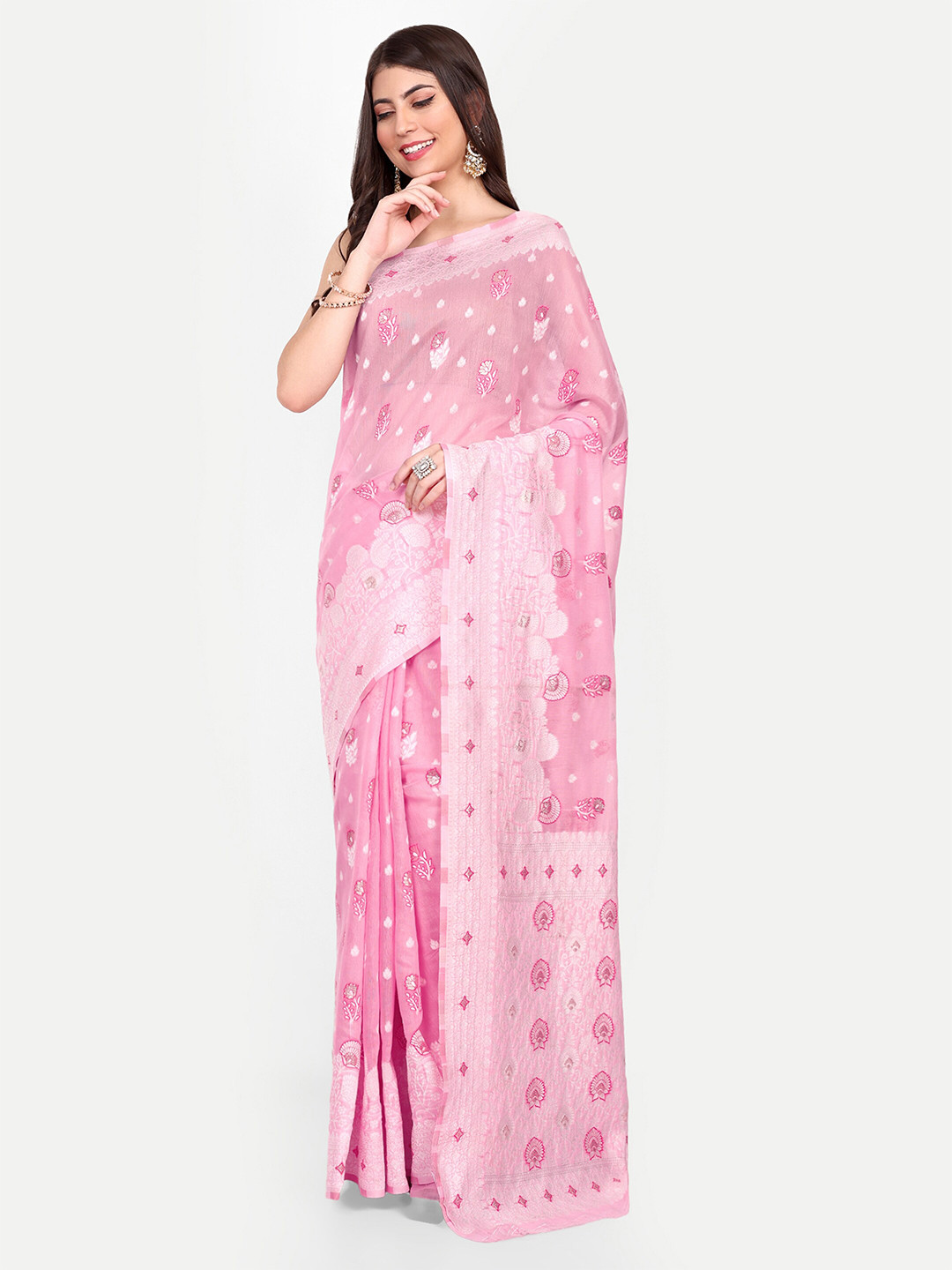 

Jinal & Jinal Ethnic Motifs Woven Design Chanderi Saree, Pink