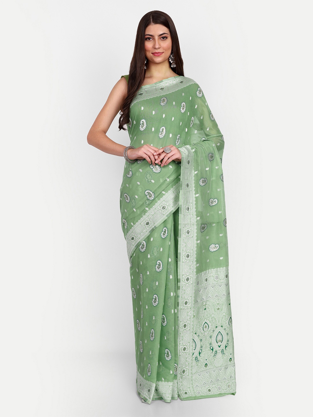 

Jinal & Jinal Ethnic Motifs Woven Design Chanderi Saree, Green