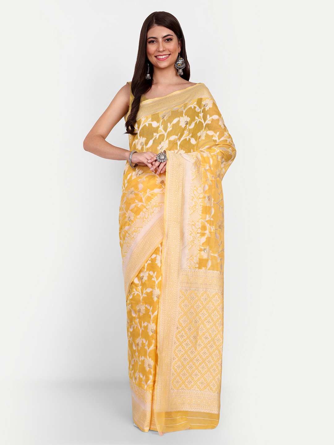 

Jinal & Jinal Ethnic Motifs Woven Design Chanderi Saree, Yellow