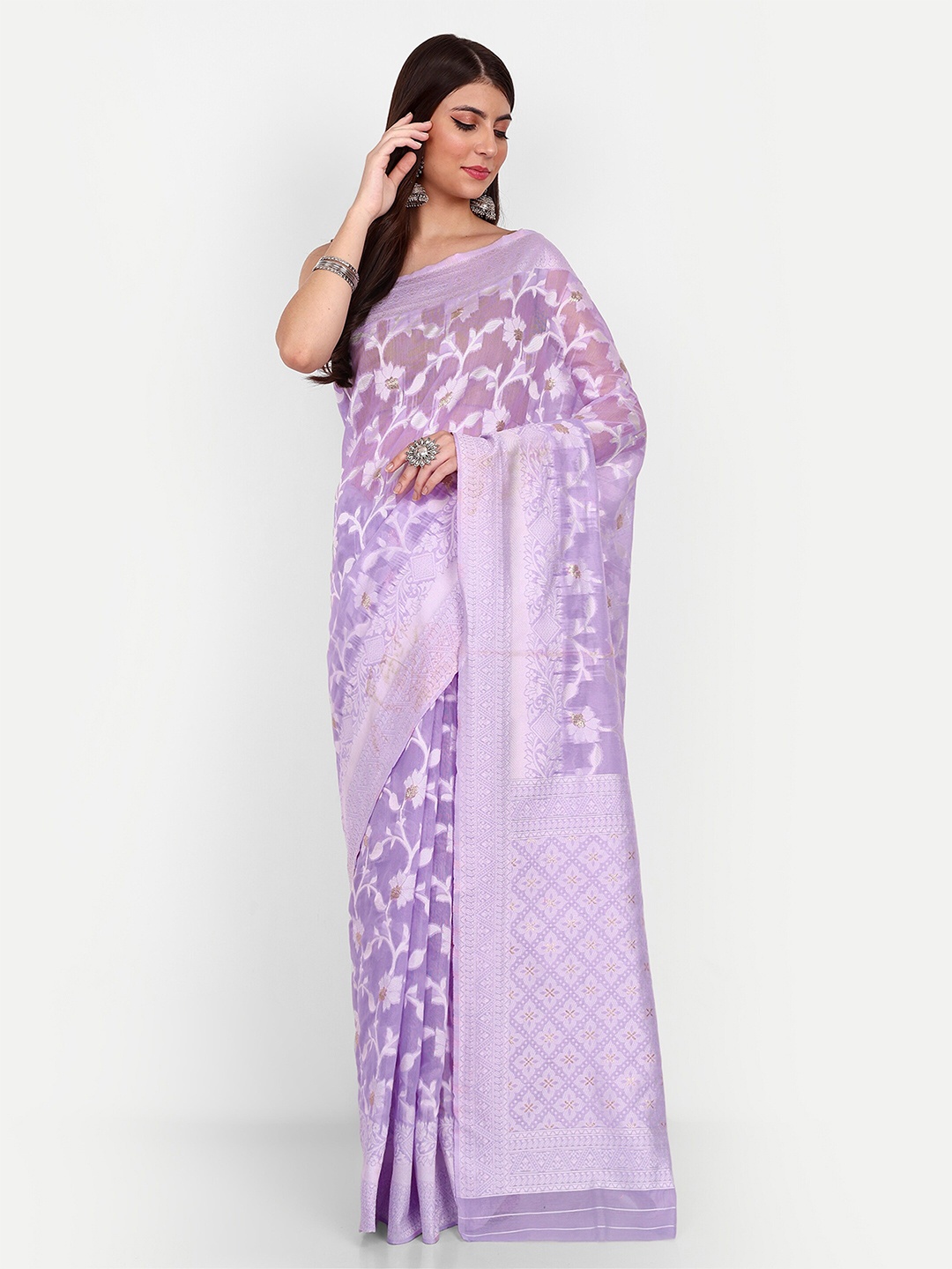 

Jinal & Jinal Ethnic Motifs Woven Design Chanderi Saree, Lavender