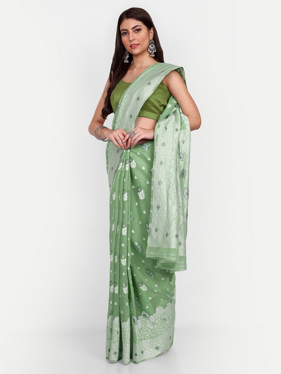 

Jinal & Jinal Ethnic Motifs Woven Design Chanderi Saree, Green
