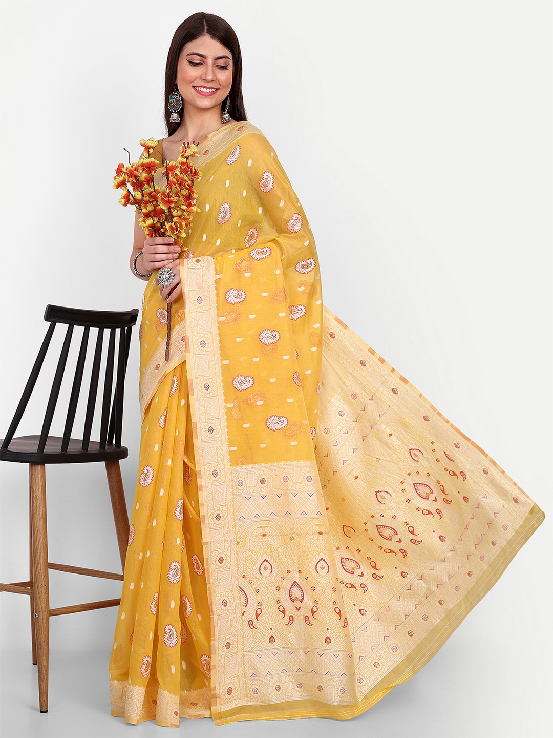 

Jinal & Jinal Ethnic Motifs Woven Design Chanderi Saree, Yellow
